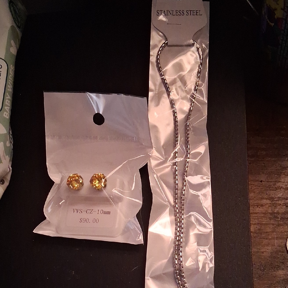 Chain Necklace and Citrine-Cubic Zirconia Stud Earrings